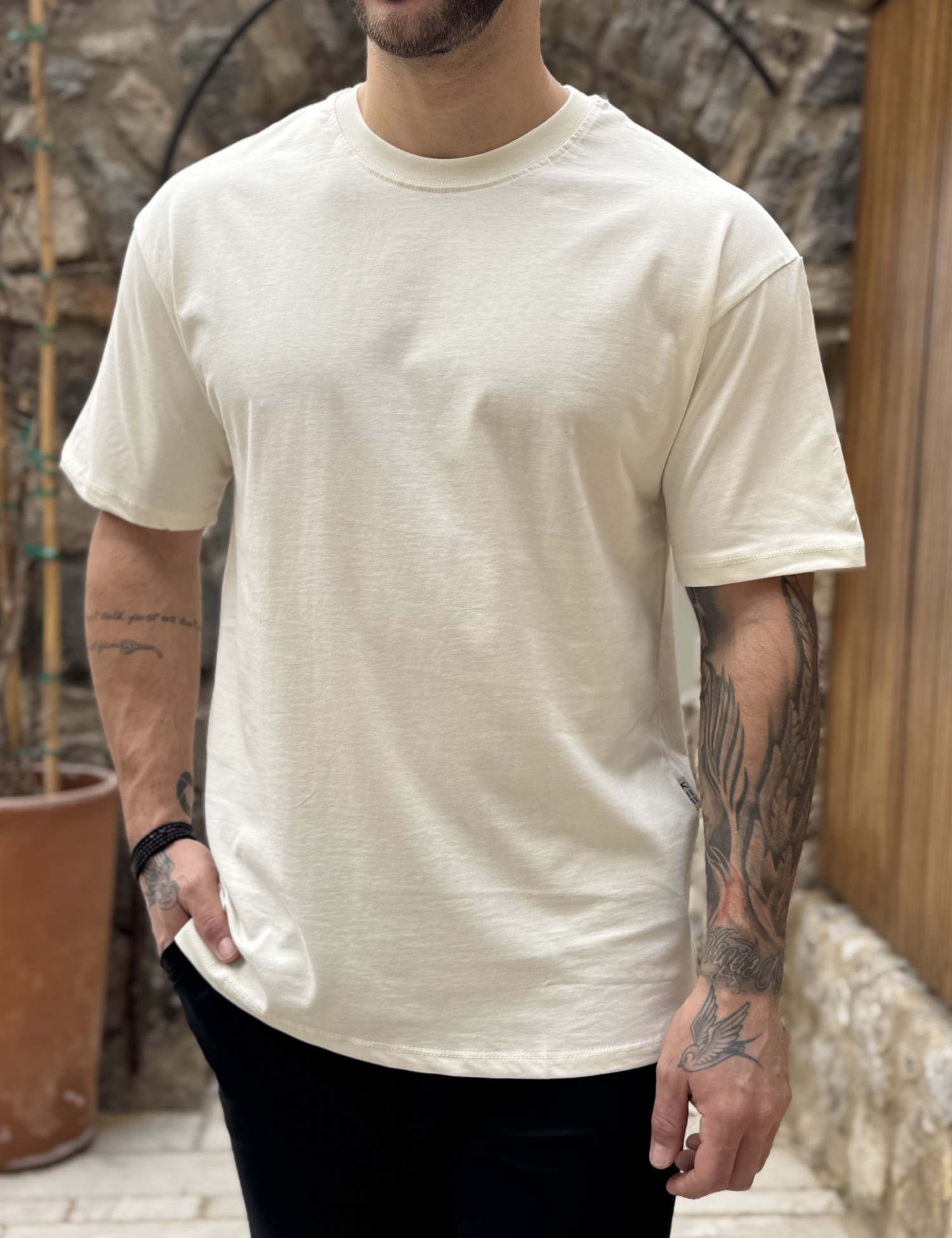 Ανδρική βαμβακερή εκρού κοντομάνικη Oversized μπλούζα KEF2622 - KEF - 